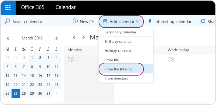 add an internet calendar in office 365 for mac