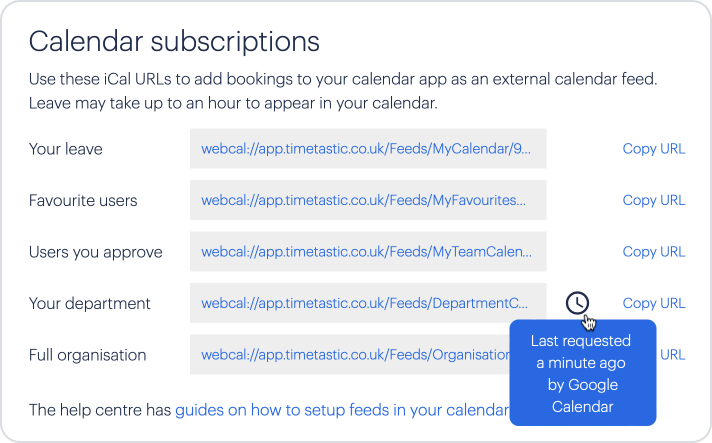 Calendar feeds: ical / webcal Timetastic Help Centre and Setup Guides
